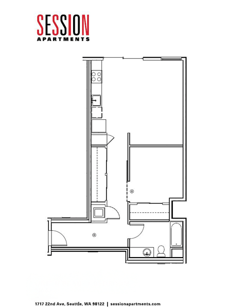 Floor plan for 1 bed, 1 bath, 710 sqft